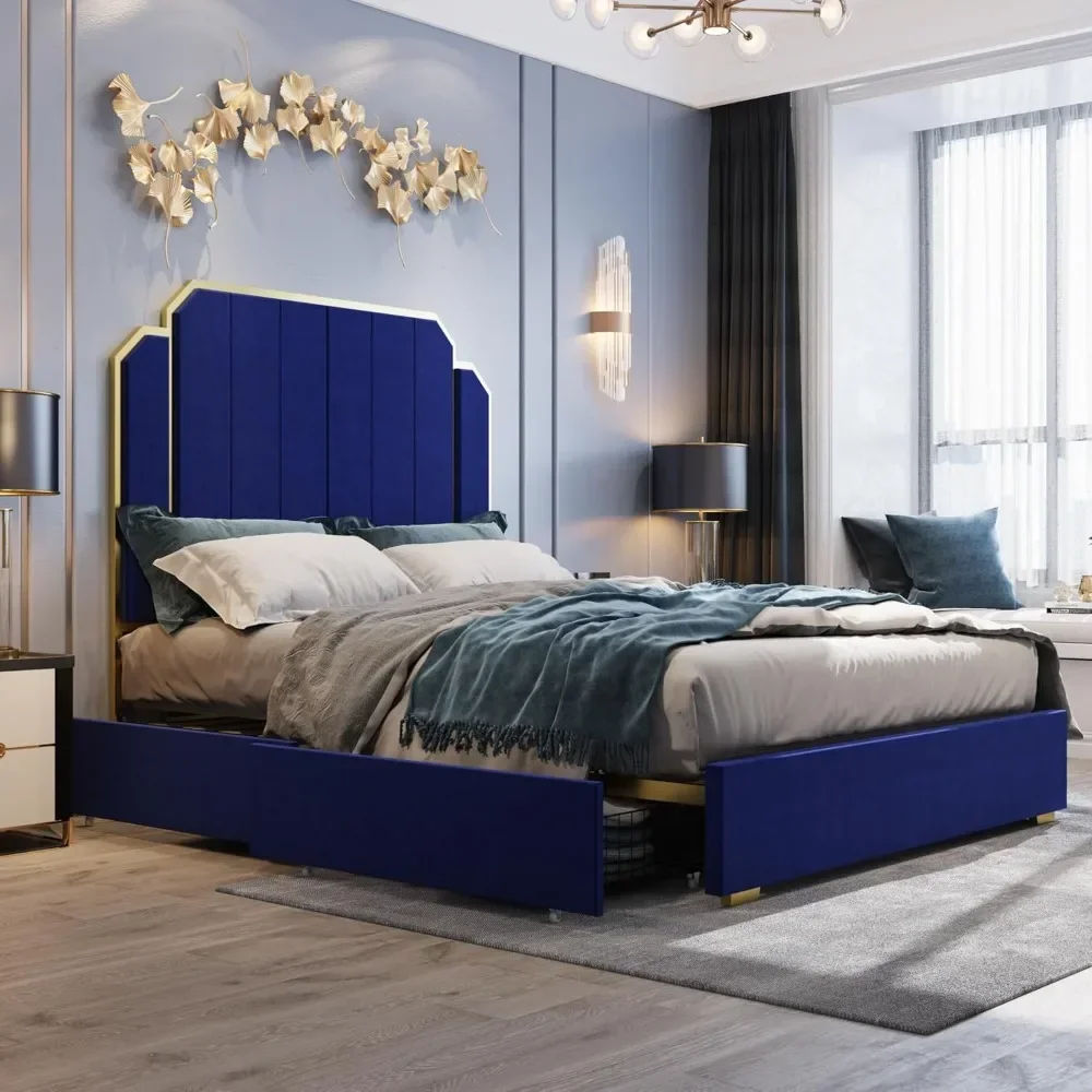 

Bed Frame with Storage Drawers - High Headboard Upholstered Bed Frame in Plush Velvet with Gold Accents Beds Frames