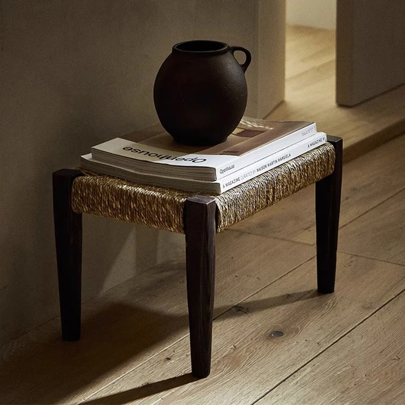 

Retro Grass Woven Stool, Small Side Seat for Living Room, Entryway Shoe Bench, White Ash Wood Study Stool, Home Furniture