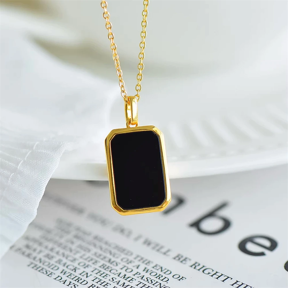 Authentic AU750 Real 18K Gold Black Agate Rectangle Pendant For Woman Yellow Gold Gift Stylish Present Fine Jewelry