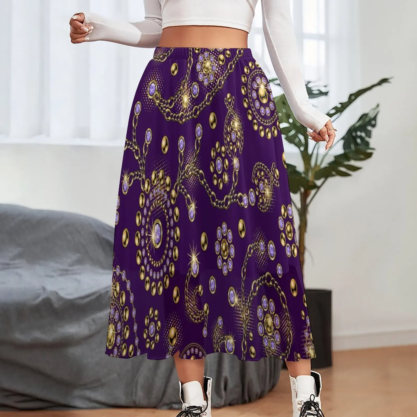 Gold Paisley Skirt Women Swirl Chain Print Modern Boho Skirts Graphic Elastic Waist Street Wear Casual Skirt Big Size 2XL 3XL