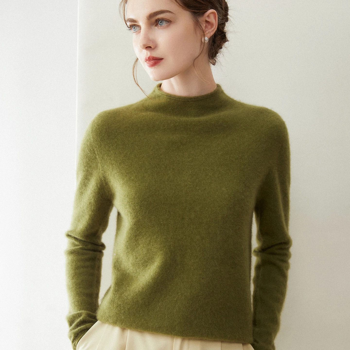 

100% кашемировый женский свитер с полувысоким воротником, обработанным краем, облегающий, в европейском стиле, высококачественный, вязаный, базовый слой.