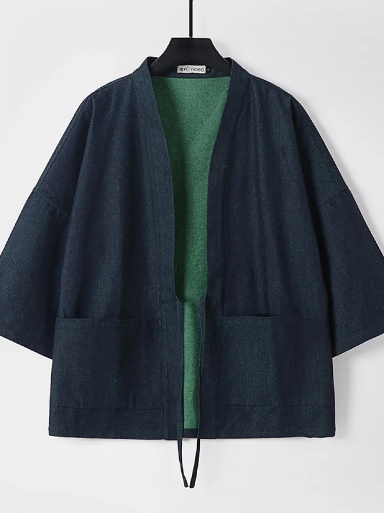 

plus Size Pure Cotton Denim Open Cardigan Men's Casual Kimono Sle Coat with Belt Loose Fit Breathable Sweat Absorbent irt...