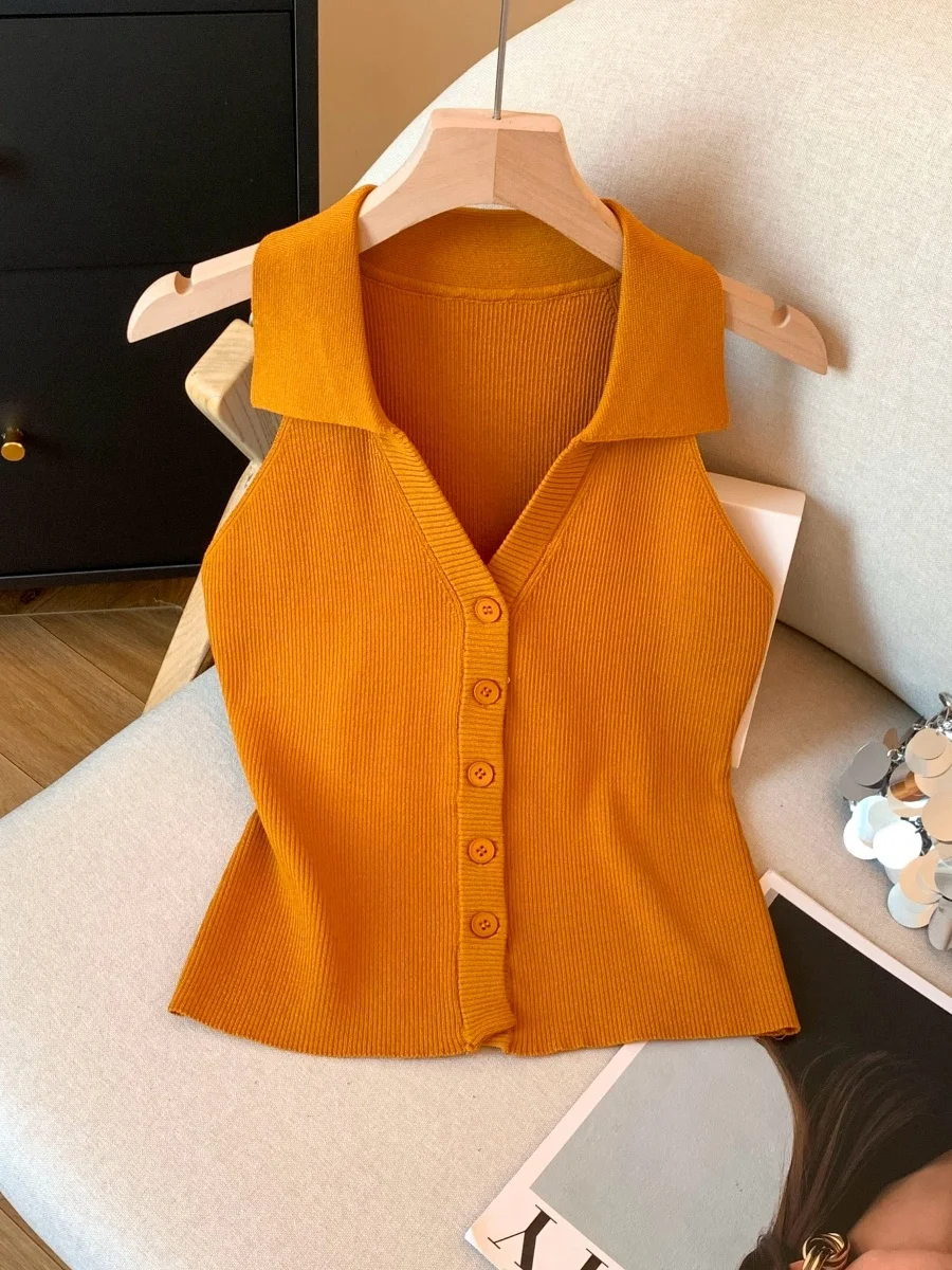 

Orange Collar ort Knitted Vest Women Summer New Sle Slim Fit Single Button oulder Bared Svel Top Commute Sle Ny...