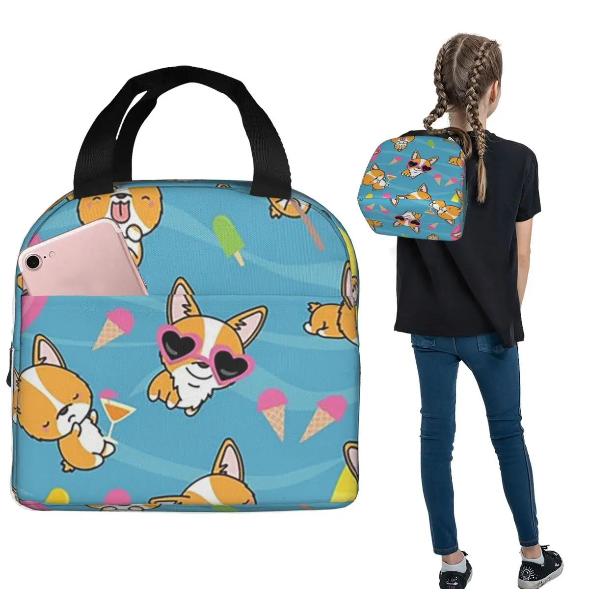 Corgi Beach Coconut Tree Pattern Insulated Lunch Bag for Women Kids Portable Food Boxes Thermal Lunch Box Tote