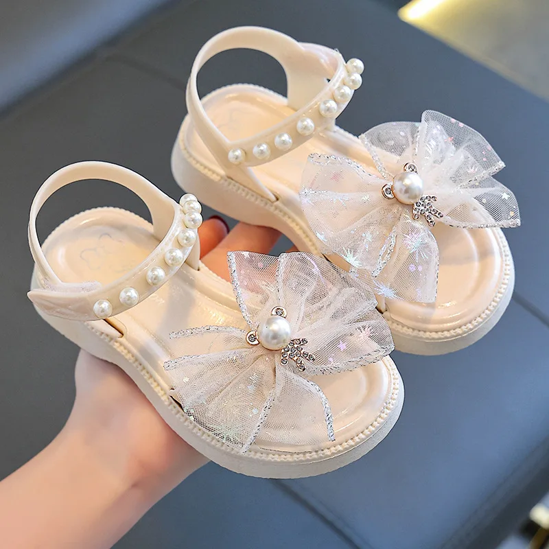 Summer Bow Beading Decoration Sandals For Girls Princess Style Children Slippers Non-slip Seabeach Flip Flops Home Kids Shoes