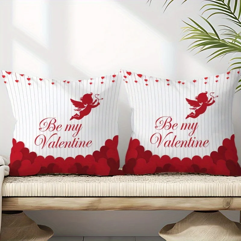 2pcs Valentine's Day Cupid Angel Heart Pillow Covers Romantic Red White Polyester Decorative Pillowcases
