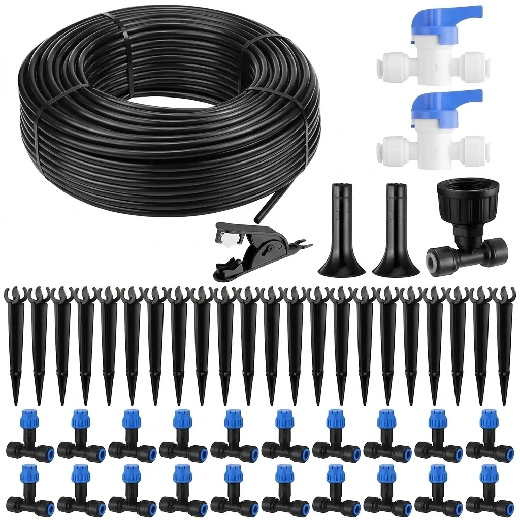 Greenhouse Mist Drip Irrigation Kit with 1 4 Inch Blank Tubing 18M 59ft Quick Connector Vegetable Water System for Garden Plant