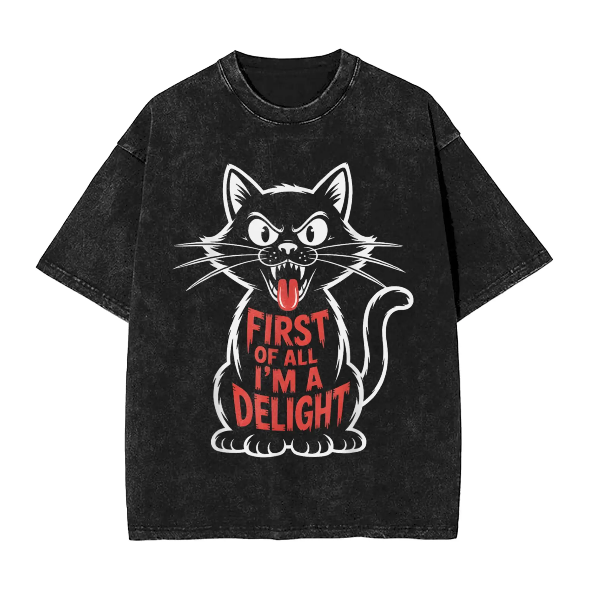 Humorous First of All I'm a Delight Roaring Black cat T-Shirt Men Crew Neck Cotton Washed T Shirt  Short Sleeve Tee Shirt