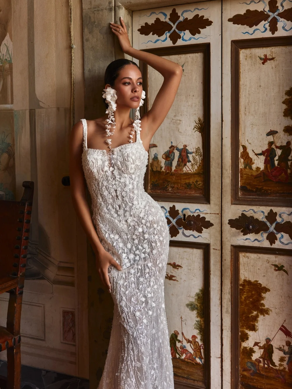 White Exquisite Beaded Wedding Dress Lace 3D Floral Mermaid Bridal Gown Customized Classic Square Neck Long Dresses For Bride