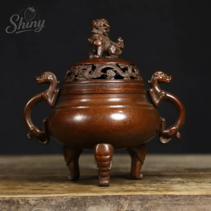 

Vintage Pure Copper Incense Burner with Dragon Ears Lion Lid and Three Legs