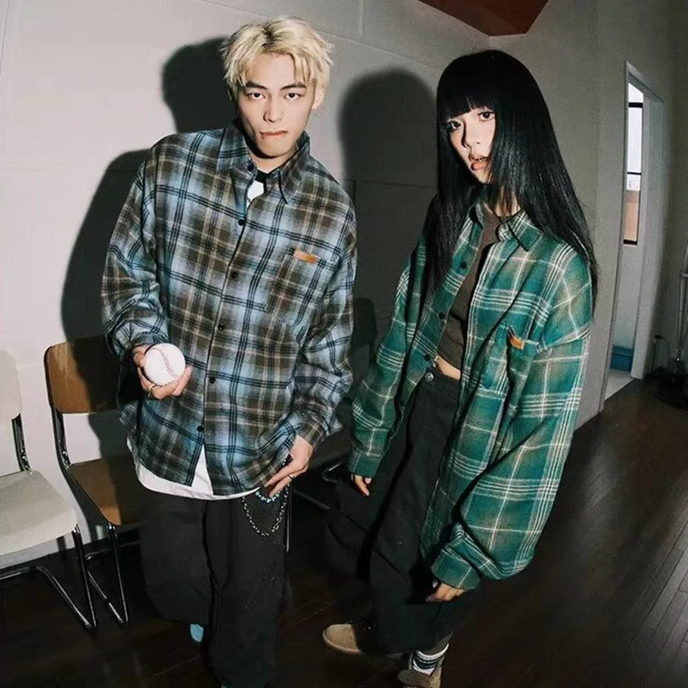 

2025 Unisex High Street Checkered Shirt Long Sleeve Couples Casual Man And Women Top Drop Shoulder Design Urban Street Style