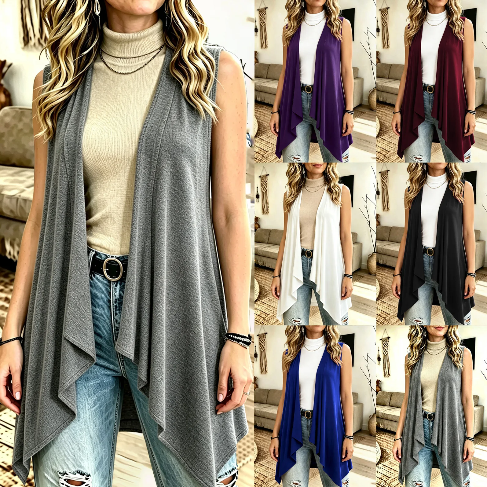 Women's Solid Sleeveless Open Front Vest, Hanky Hem Long Layering Waistcoat, Casual Ladies Sleeveless Cardigan