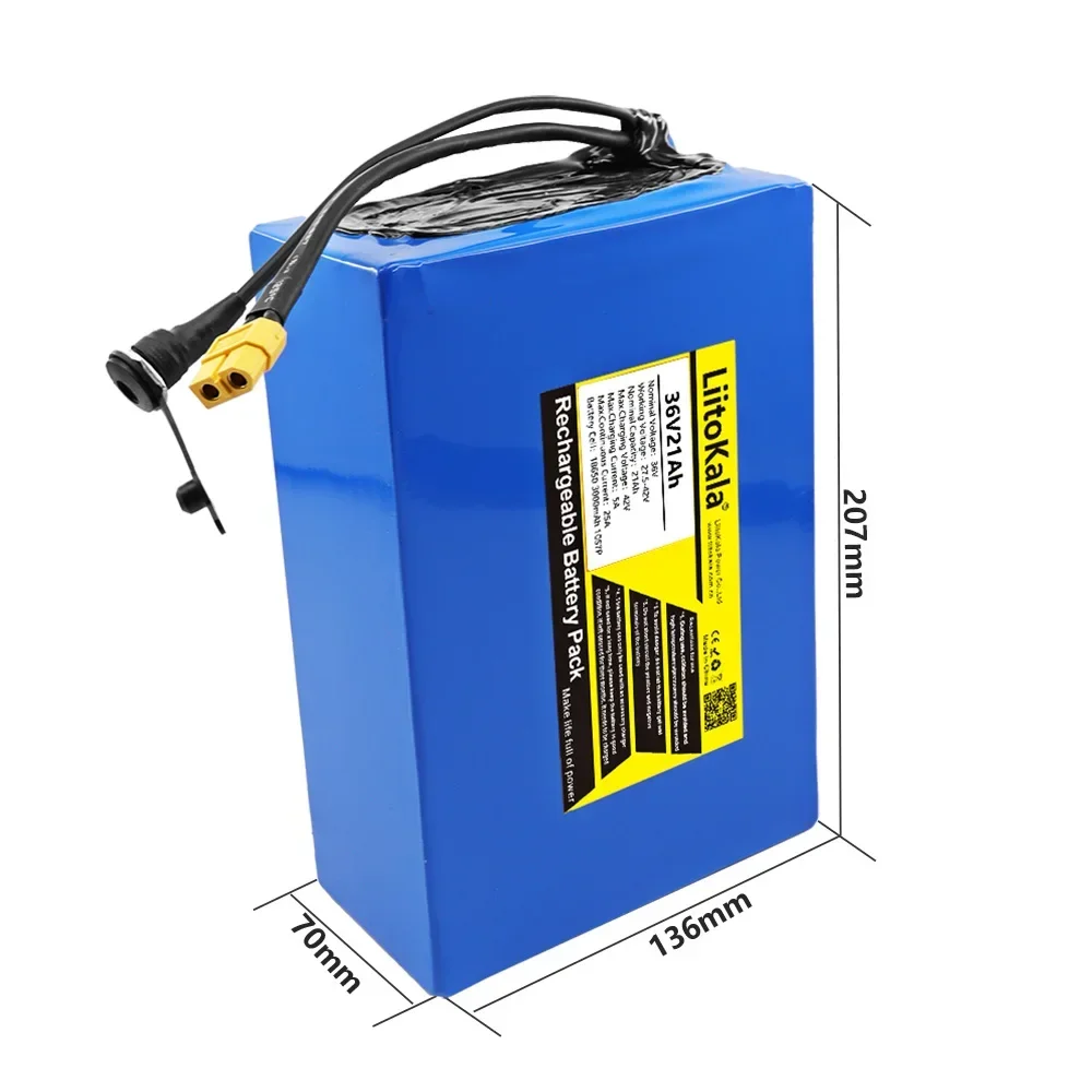 LiitoKala 36V21Ah Electric Bike Battery Built in 20A BMS Lithium Battery Pack 36 Volt with 2A Charge Ebike Battery