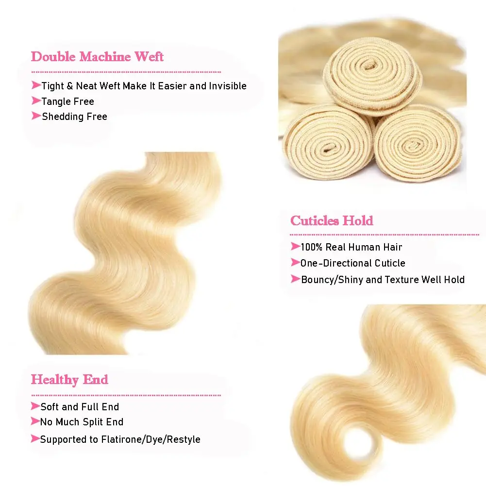 16Aブロンド613カラーボディウェーブ人毛束30インチ100%未処理ブラジルカラーロウ人毛エクステ女性用