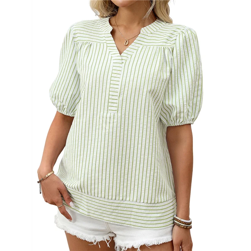 

CGS-Womens Short Puff Sleeve Striped Blouses Top V Neck Loose Fit Casual Summer Work Blouses Striped Shirt