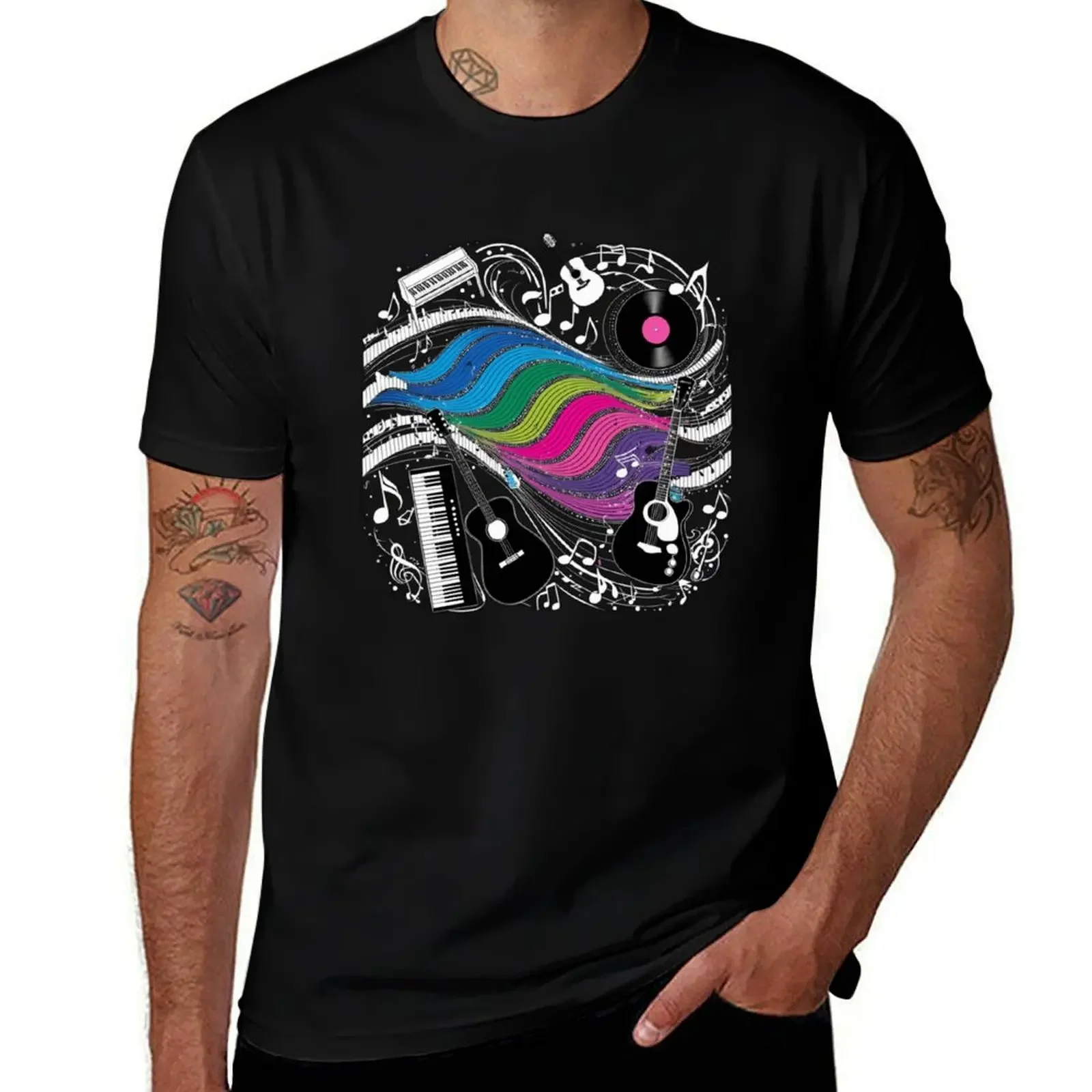 Vibrant Music-Themed Design with Colorful Sound Waves and Musical Elements T-Shirt summer tops clothing for men