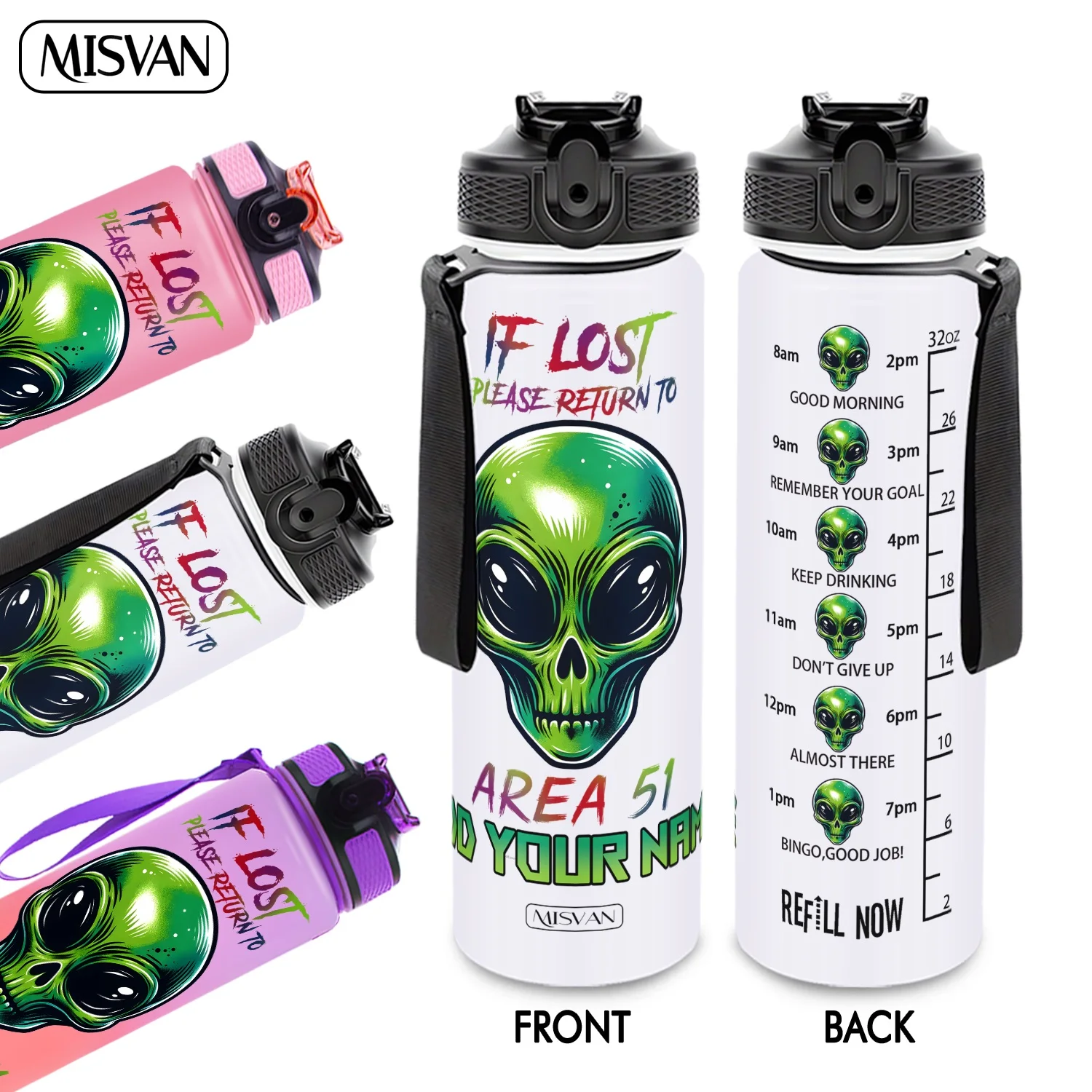 

1PC,Customization Name 32oz Water Bottle,Alien Skull Print With Time Scale,Encourage Daily Hydration,for Gym Outdoor Cycling
