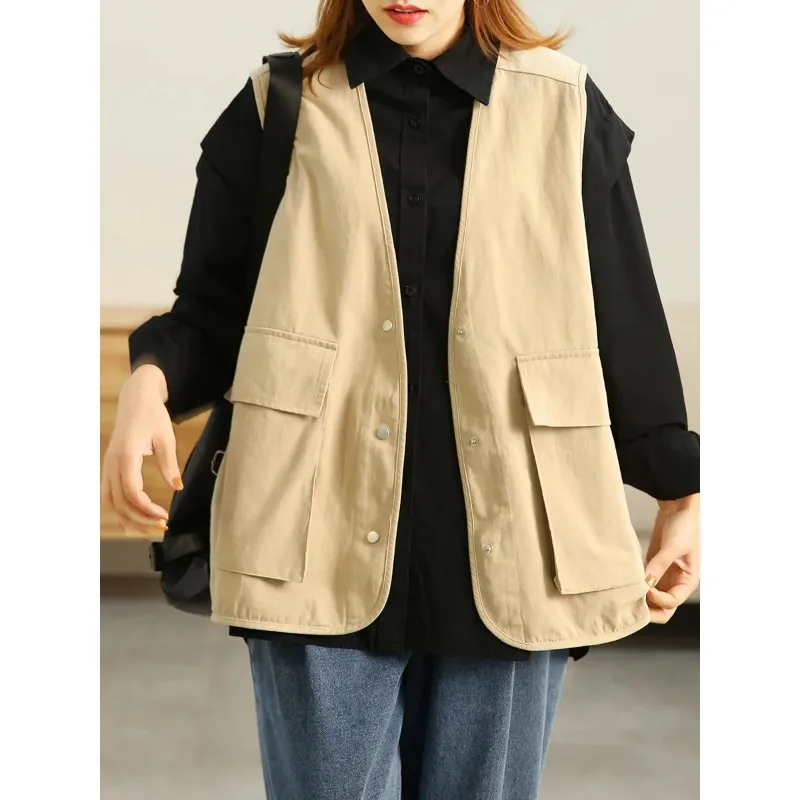 

Women's Khaki V Neck Sleeveless Cargo Vest Loose Fit Button Down Pocket Detail Casual Waistcoat for Daily Wear