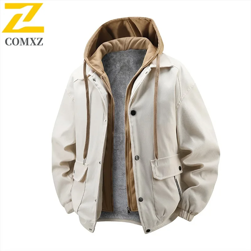 COMXZ 2025 Winter New Trendy Casual Men Jacket Windproof Waterproof Fleece Lined Thickened Outerwear Street Style Daily Wear