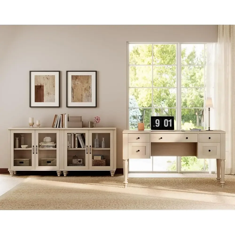 

Special OfferHome Oice Urniture Set, 56'' Executive Desk With Charging Station, 2-in-1 Cabinet With Glass Do, Wood Computer Desk