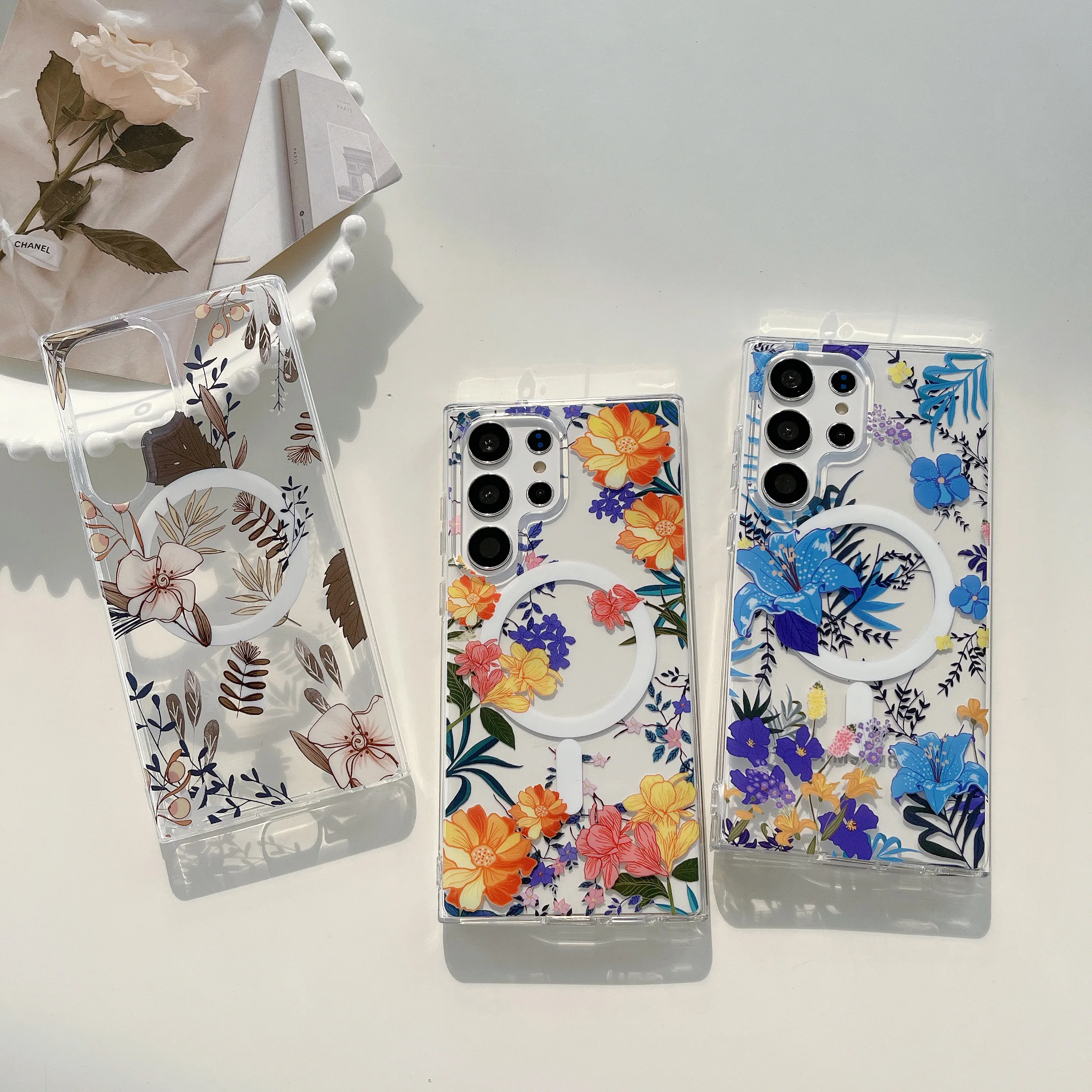

Magnetic Flower Phone Case for Samsung Galaxy S25 Edge, 25FE, S24 Plus, S23 Ultra - Transparent Flower Universal Protection Case
