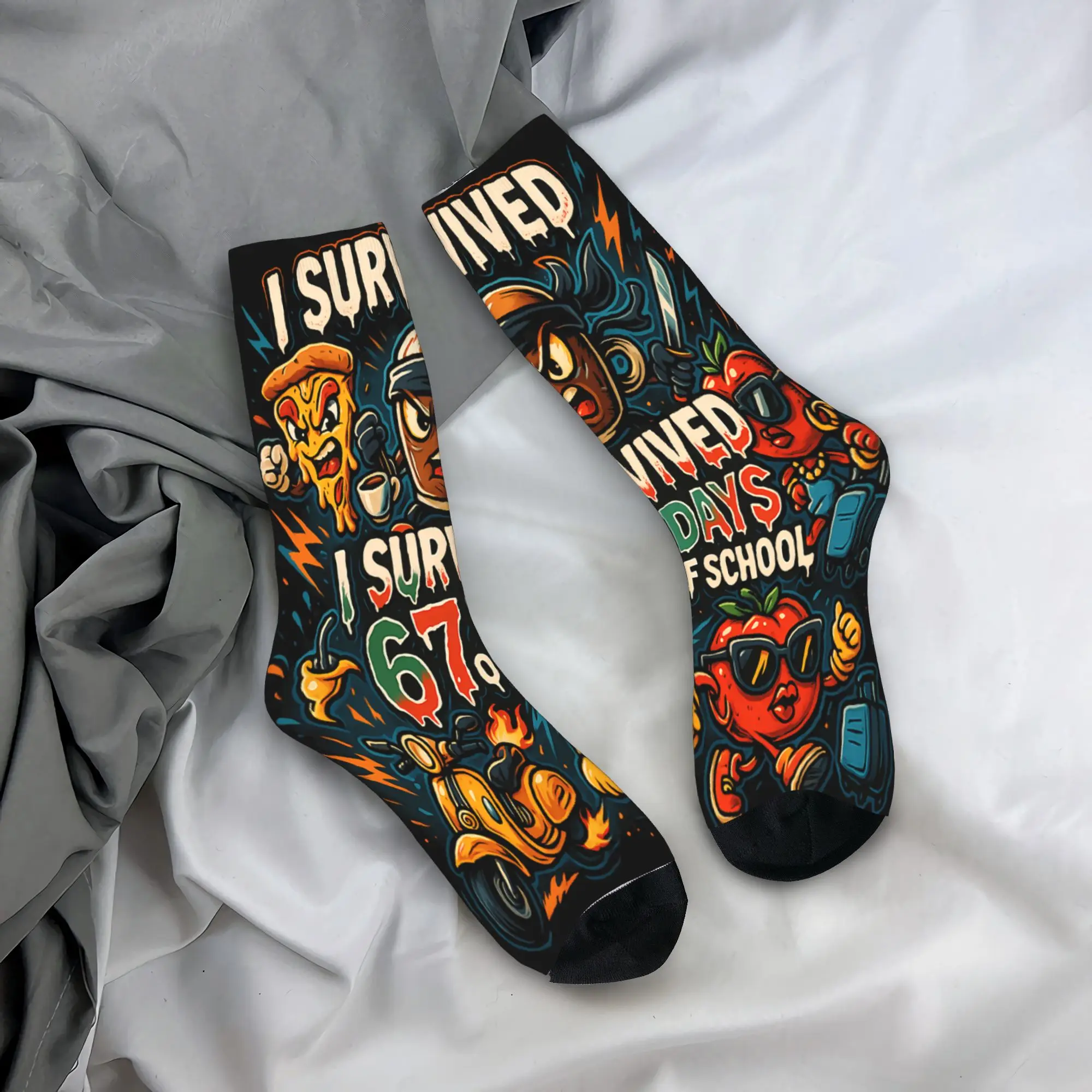 Italian Brainrot 6 7 Meme I Survived 67 Days of School Premium Stockings  Socks Autumn Non-Slip Socks Men Quality Socks