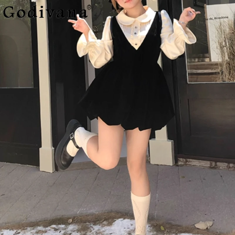 

3XL Women Autumn Winter New Sweet Peter Pan Collar Velvet Dress Fashion High Waist A-lien Temperament Cute Princess Dresses