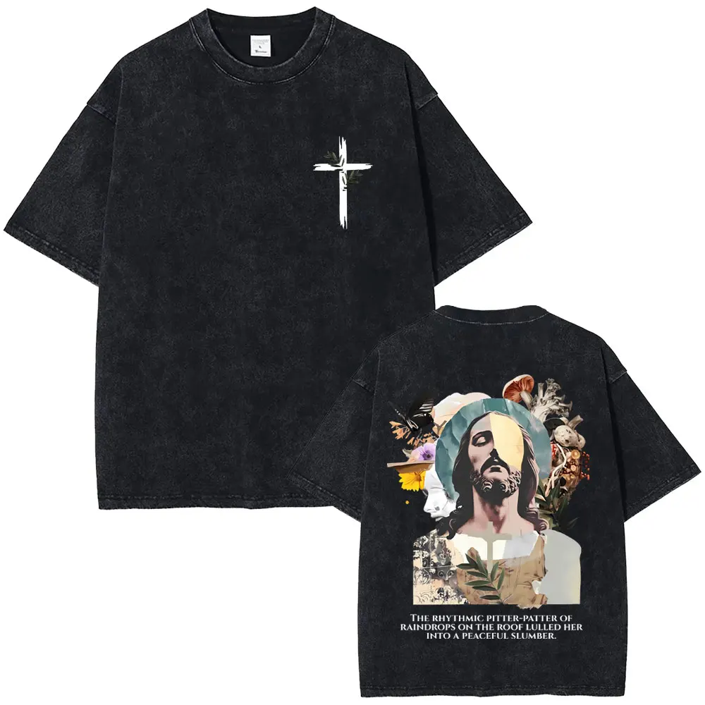 

Vintage Washed Christian Religious Jesus Art Aesthetic T Shirts Male Casual Oversized T-shirt Men Women Fashion Hip Hop Tshirt