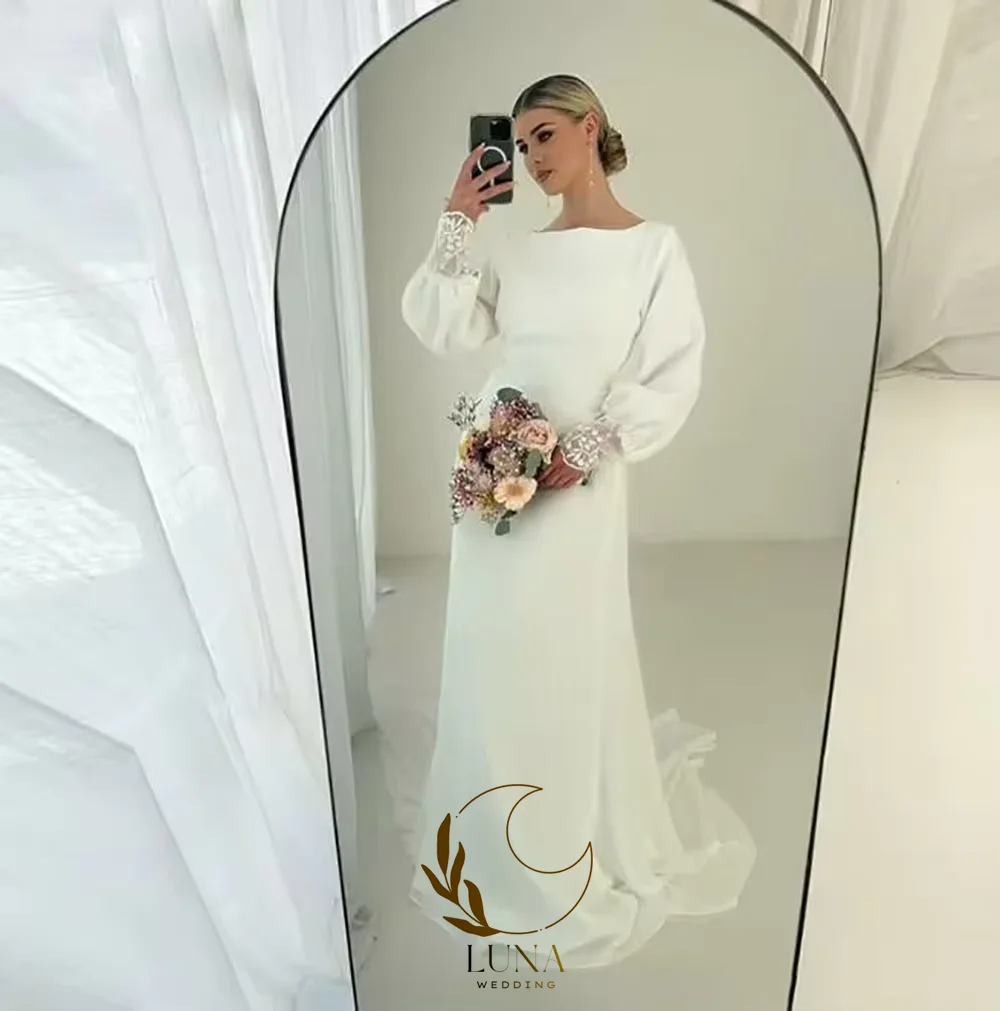 Luna Muslim Modest Wedding Dresses O-Neck Long Sleeves Arabic Bridal Gown Mermaid Engagement Gown Vestidos De Novia Customized