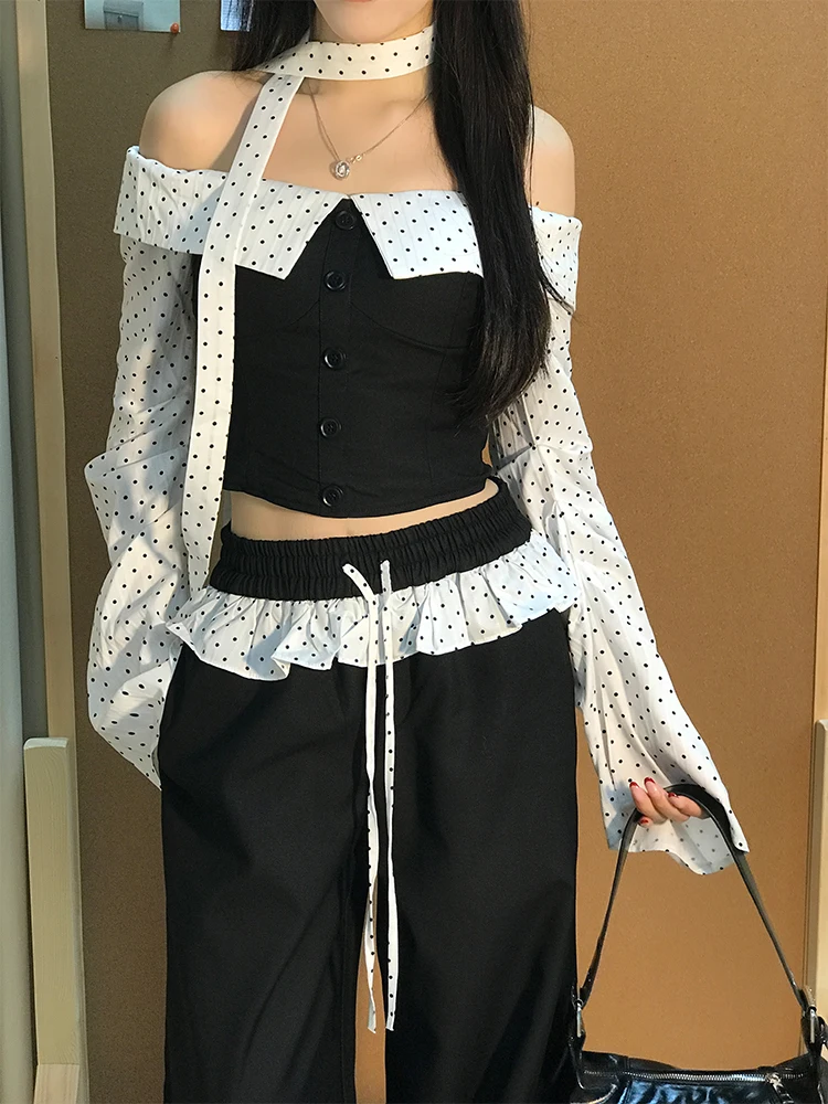 

Polka Dot Splice One oulder Long Sve Bustier Top High Waist Slim Wide Leg Pants Two Piece Set Women Early Autumn 2025 New