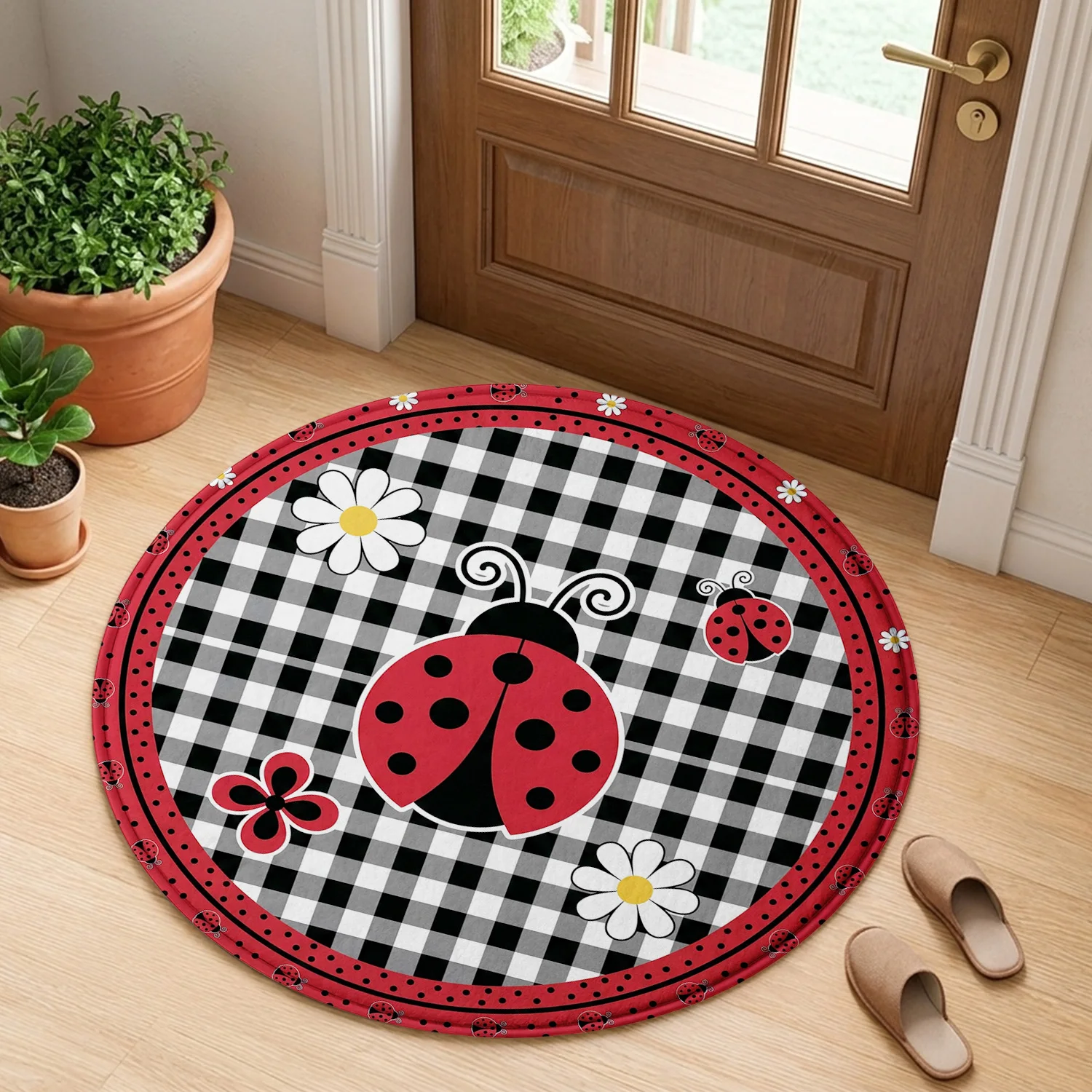 Ladybug Daisy Gingham Buffalo Plaid Check Red Polka Dot Border Pattern Holiday Luxury Round Mat Area Rug Home Decor