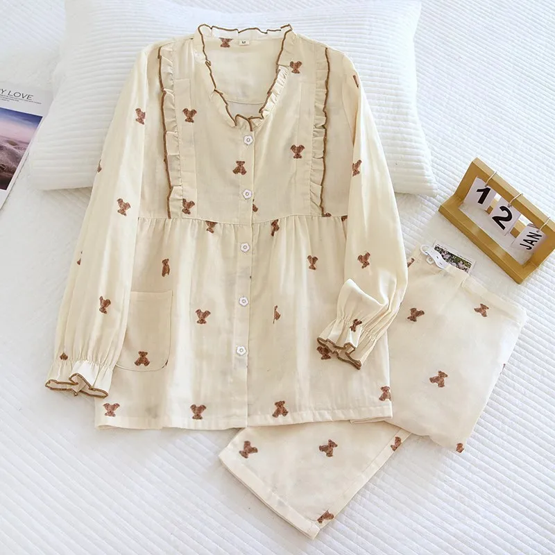 Cotton Yarn Double-layer Gauze Confinement Clothes Spring Summer Thin Postpartum Breastfeeding Pregnant Women Pajamas Plus Size