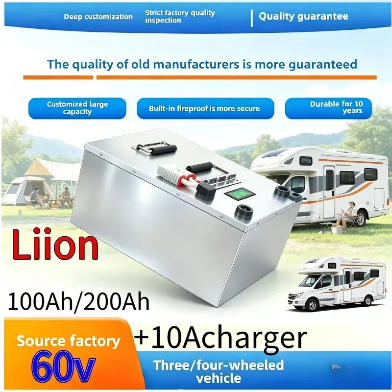 60V Li-ion Battery Pack 100Ah-200Ah | Built-in BMS & 10A Fast Charger | Heavy-Duty Deep Cycle Rechargeable Power for Golf Cart,