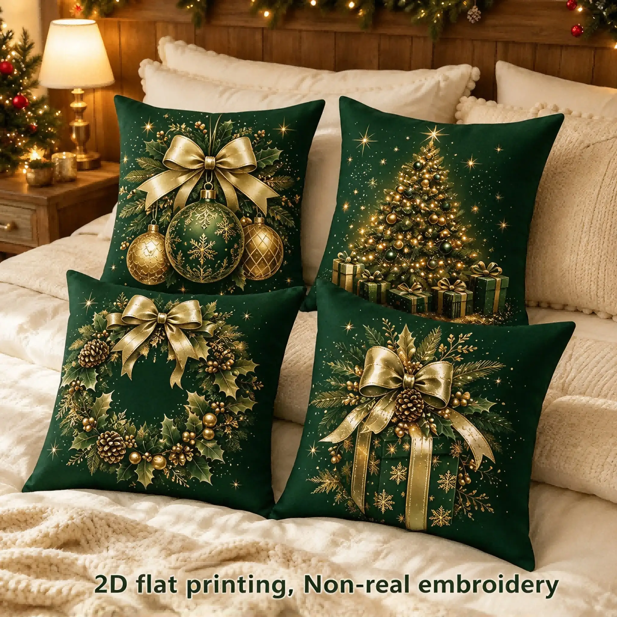 4pcs, 2D Flat Printing, Light Luxury Dark Green Christmas Pillow Covers, Retro Golden Green Holiday Decorative Cushion Covers, Home Decor Holiday Decorative Cushion Covers, Car And Bedroom Headboard