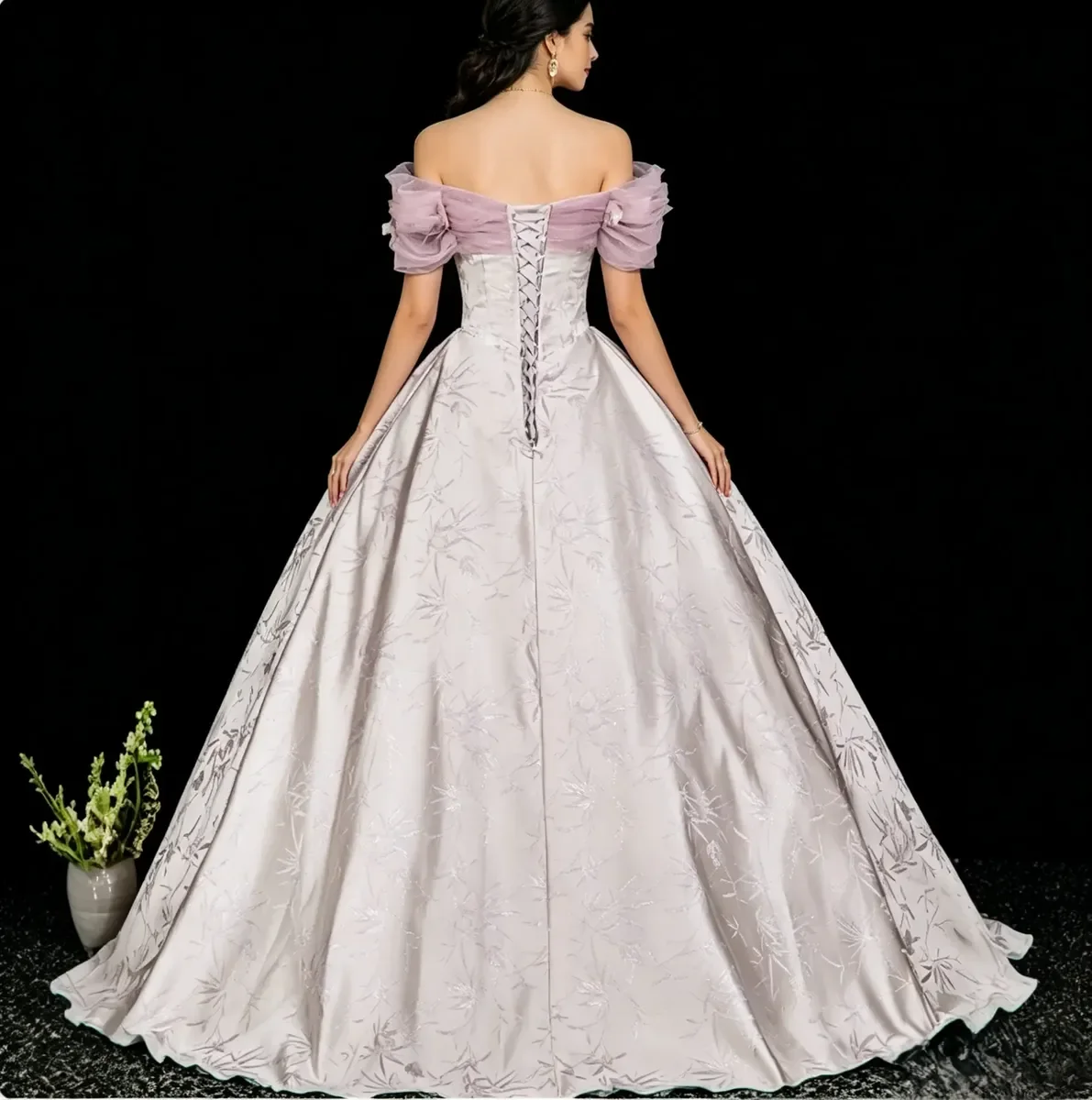 Off Shoulder Tulle Sleeve Jacquard Satin Ball Gown Lace Up Back Quinceanera Graduation Stage Wedding Guest Evening Dress