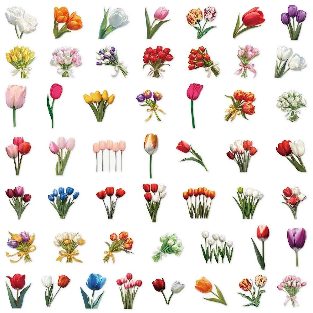 100PCS Tulip and Pink Flower Collection Transparent Stickers PET Decorative Water Cups Laptops Phone Stationery