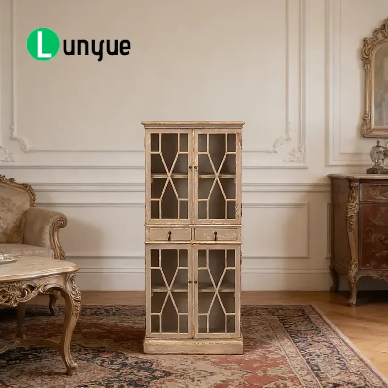 Tall Rustic Wooden Bookshelf with Tempered Glass Door Retro Pattern Adjustable Shelves Eco Friendly Durable Storage Rack for