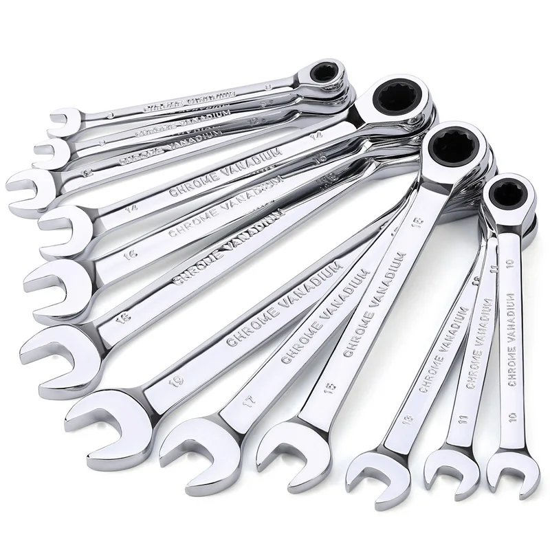 12 Point Ratcheting Wrench Set,Chrome Vanadium Steel End Ring Spanner Combination Wrench hand Tool With a Roll Up Storage Bag