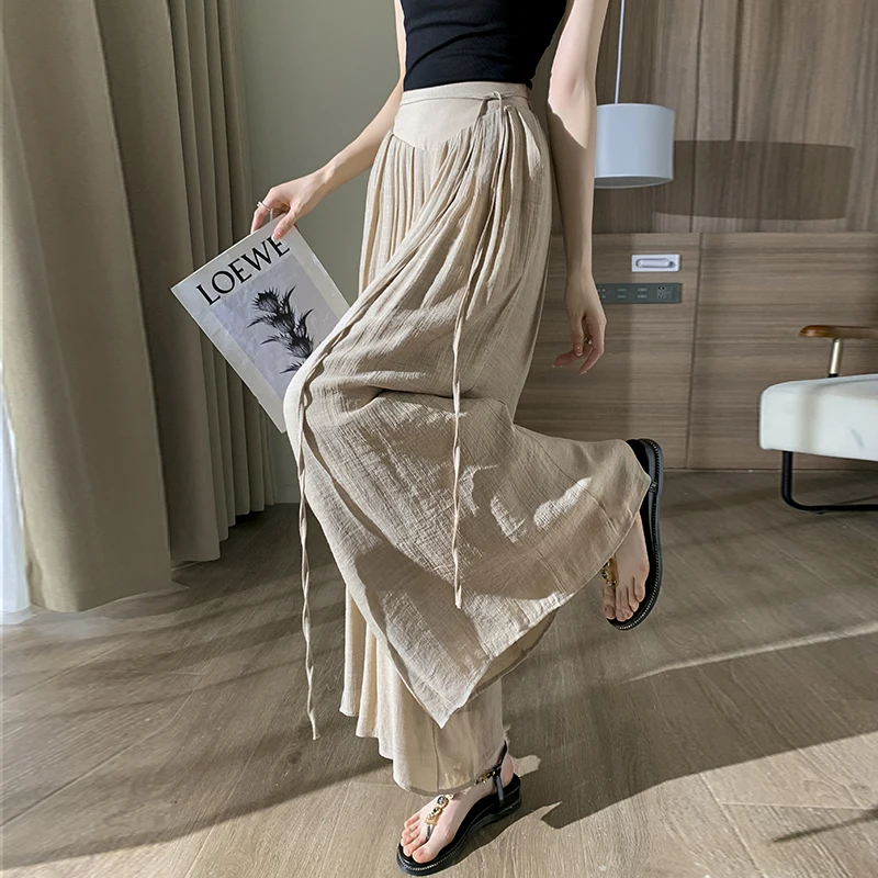 Japan Style Elegant  Cotton Linen Wide Leg Pants Women Spring Summer New Breathable High Waist Loose Pleated Women\'s Trousers