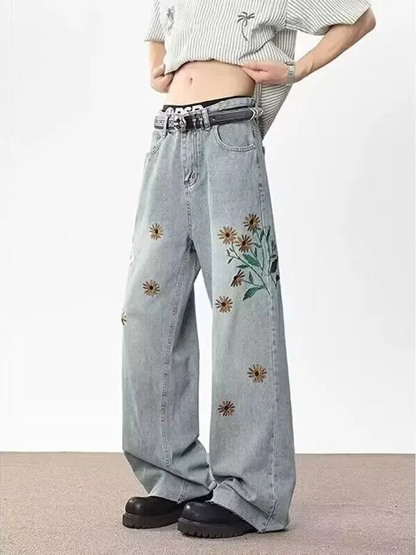 

High Street Embroidered Knife Men's Jeans American Retro Clean Fit Loose Straight Leg Wide Leg Pants Casual Wear