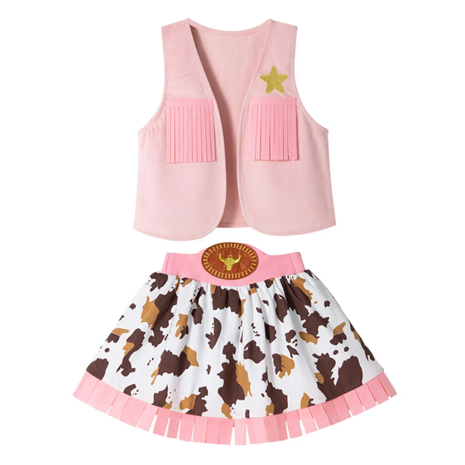 Baby Girls Cowboy Cosplay Performance Set Kids Pink Vest Skirt Scarf Foldable Hat Outfit Toddler 4Pcs Halloween Carnival Clothes view 2