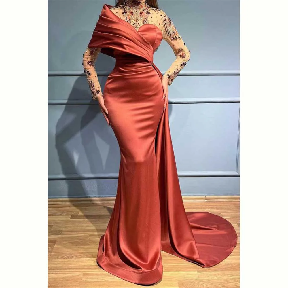 Exquisite Formal Evening Party Dresses O-Neck Floor Length Trumpet Full Sleeves Slim Fit High Quality Fashion Female Prom Gowns