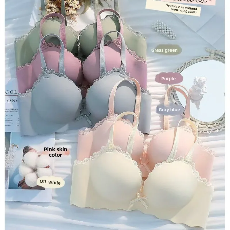 Nouveau soutien-gorge sans couture sans armatures rembourré pour femme, lingerie sexy en dentelle push-up, spécial pour poitrine plate, ensemble de sous-vêtements