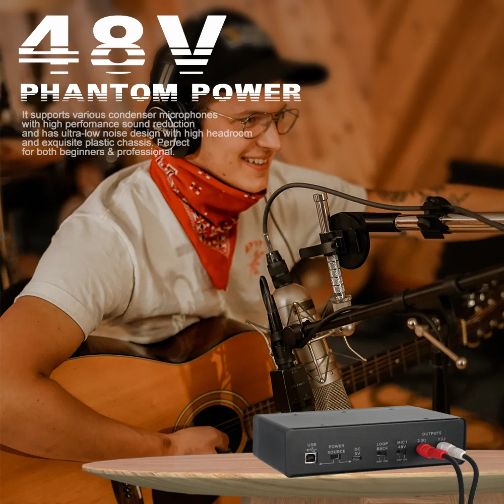 BOMGE Mezclador Tarjeta de sonido 32 bits/192 KHz, interfaz de audio USB 48 V Phantom Power Caja de metal para guitarristas cantantes y podcaster