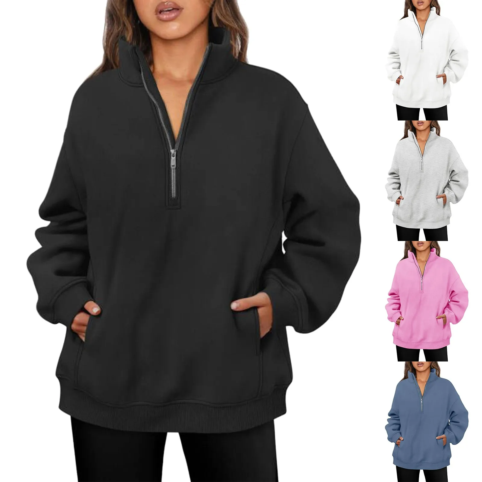 Half Zip Women Overzised Hoodie Stand Collar Casual Sweatshirts Long Sleeve Hip Hop Loose Fit Thumb Hole Autumn Female Coats