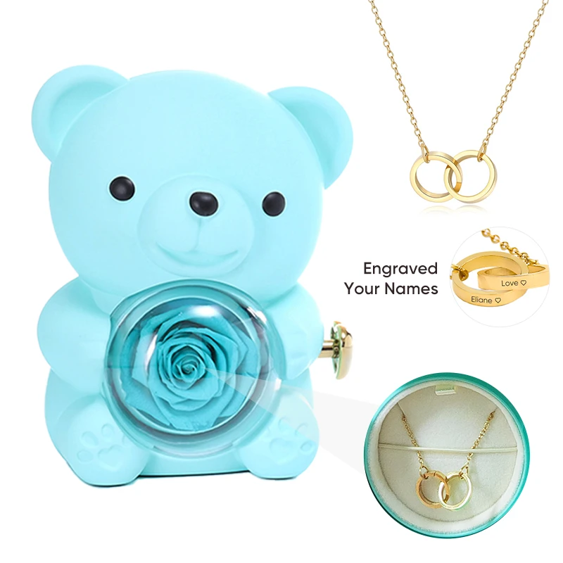 

Hot Mother's Valentine's Birthday Wedding Blue/White/Red Rose Cute bear Jewelry Gift Box with Two Rings Necklace for Women Girl