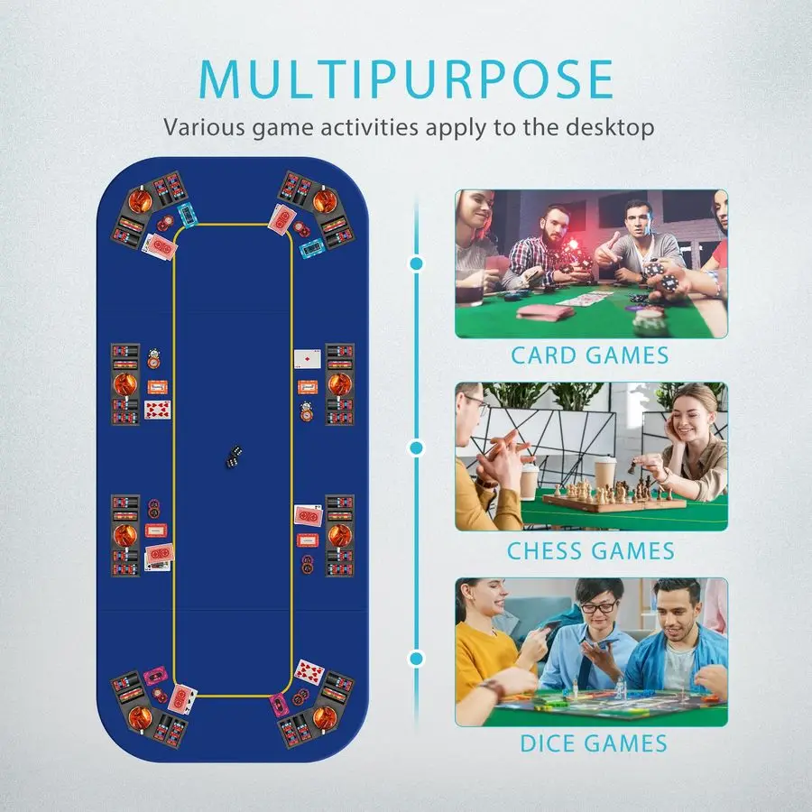 Tappetino da gioco da tavolo in gomma antiscivolo portatile pieghevole da 79 x 36 pollici per 8 giocatori Texas Poker Card con portabicchieri e Carr