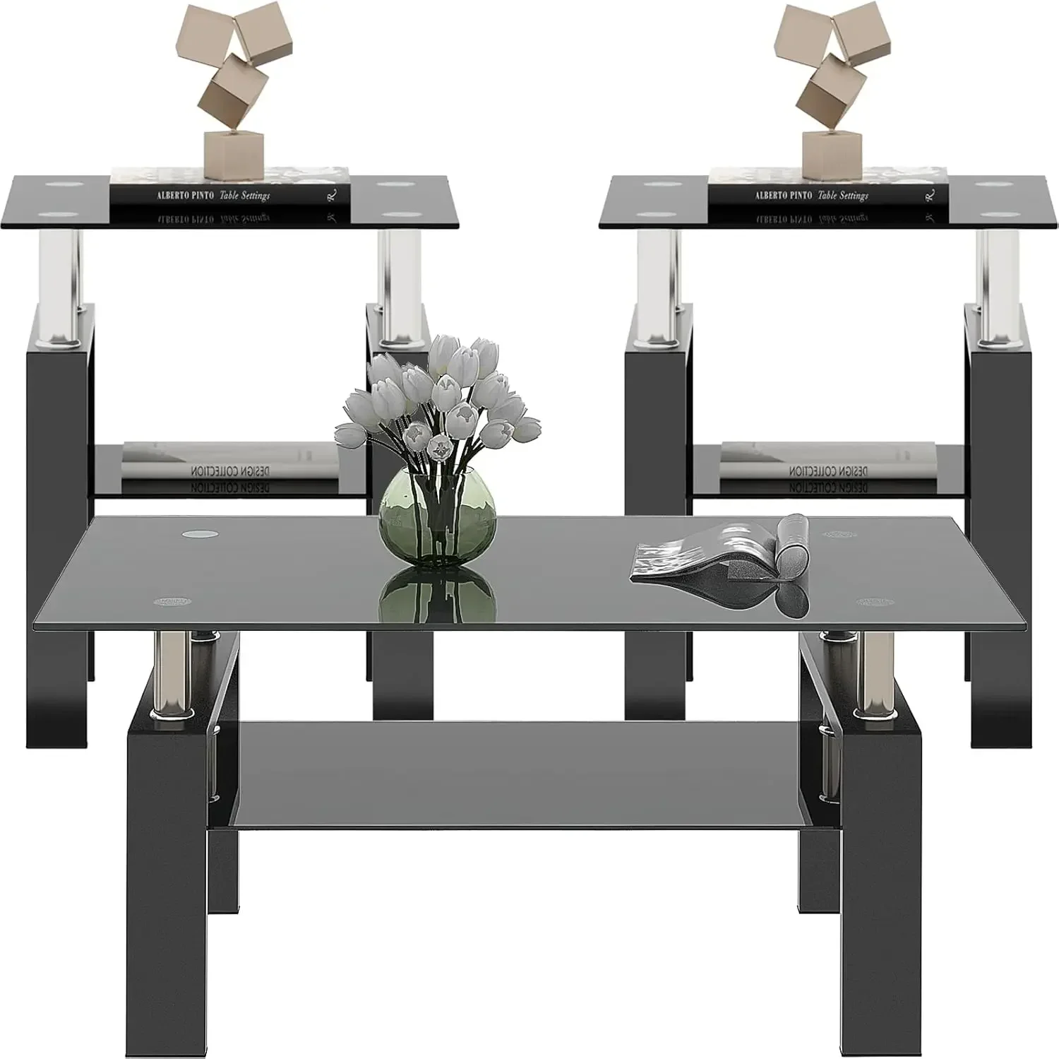 

Black Glass Coffee Table Set of 3 Piece, Living Room Tables Set of 3 Pcs, Including 1 Coffee Table and 2 End Side Tables, Metal