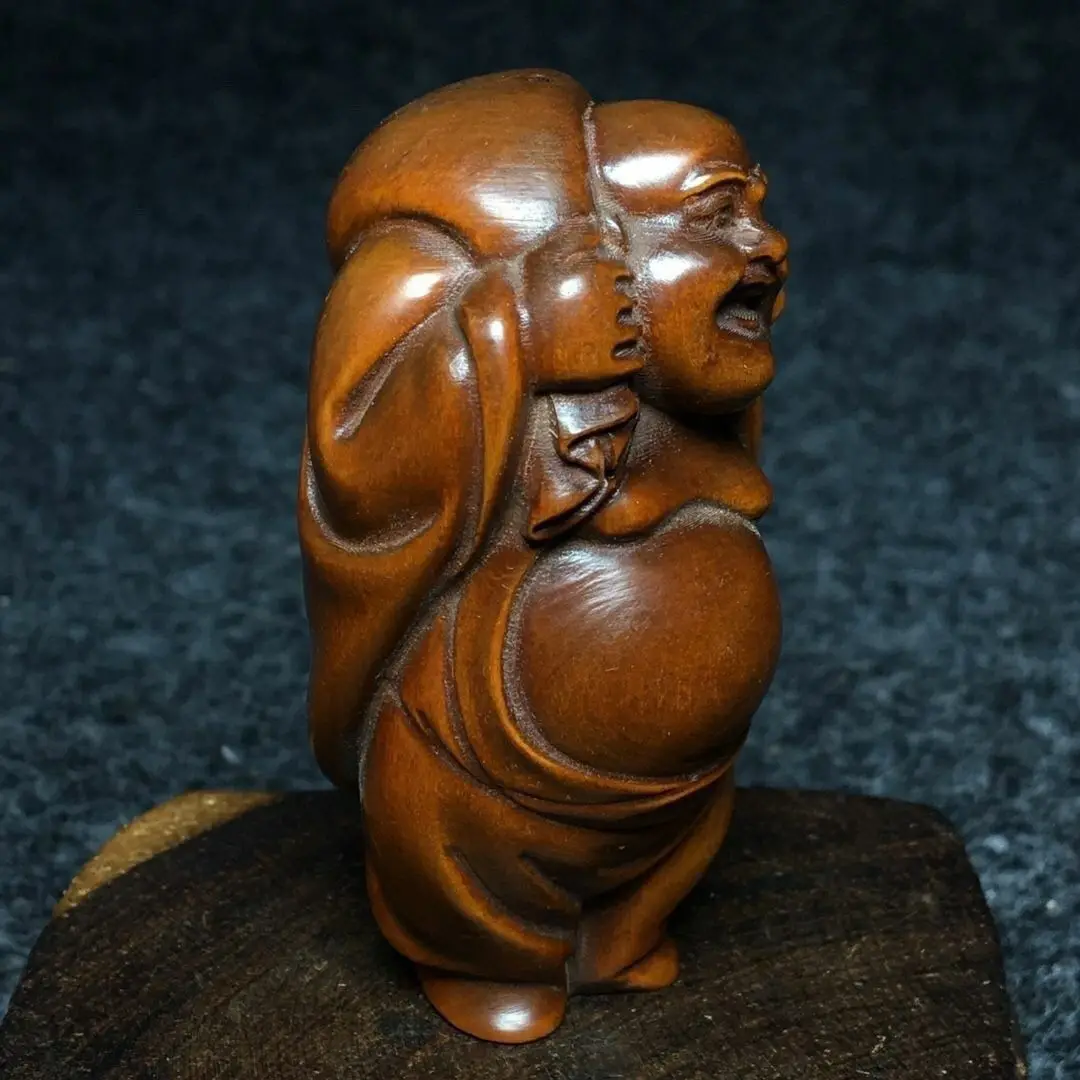 Hand Carved Wood Carrying bag Maitreya Buddha Statue Figurine Desktop Ornaments Home Decoration Crafts Tea Pet Decor