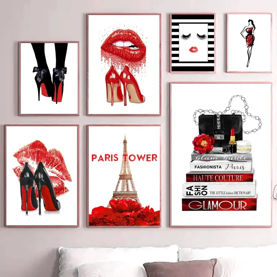Fashion Makeup Art Canvas Painting  Red Rose Heels Girl Lip Paris Tower  Nordic Posters and Prints  Wall Pictures for Living